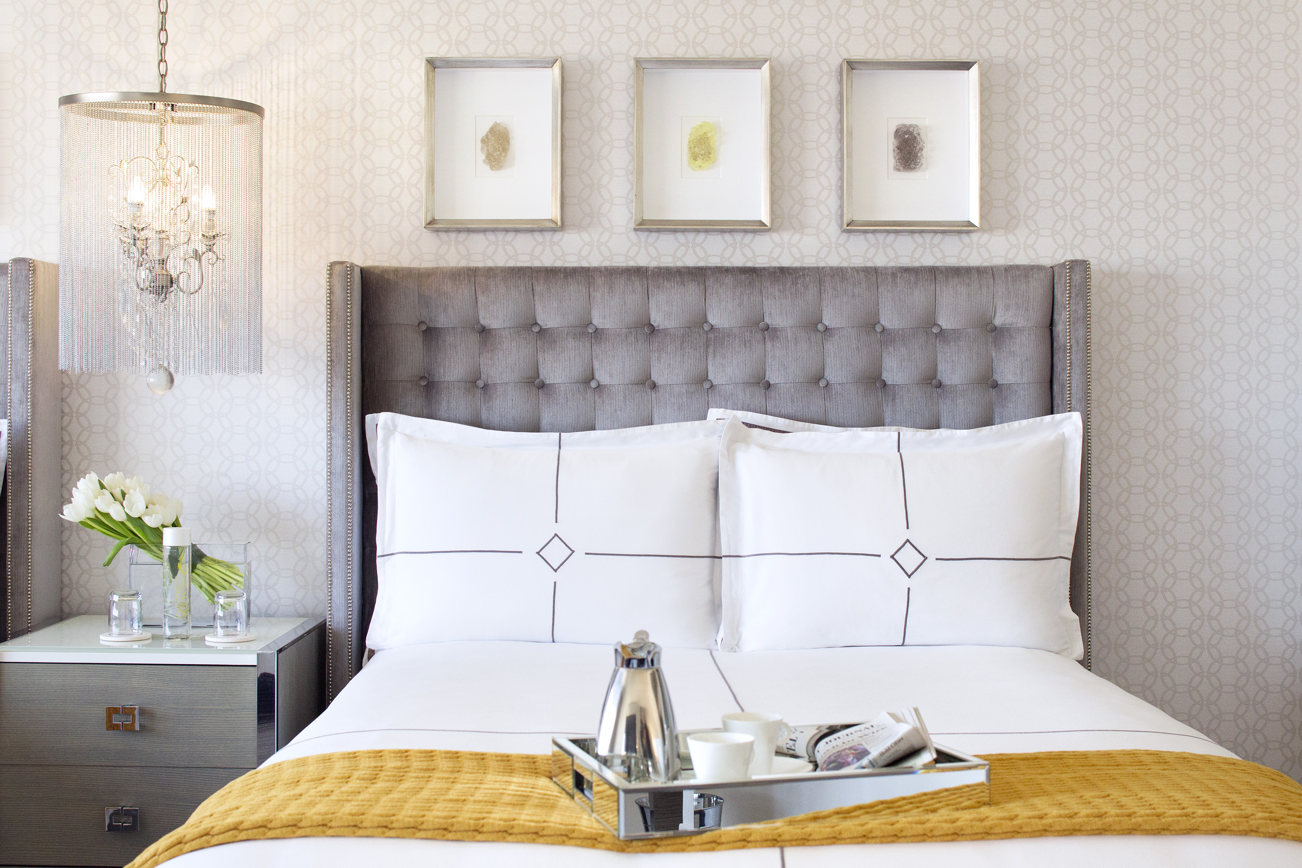 one queen bed with coffee service on a tray