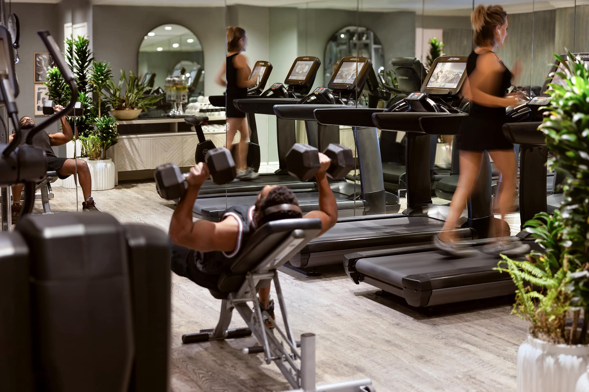 Hotel fitness center with treadmills and weight equipment.