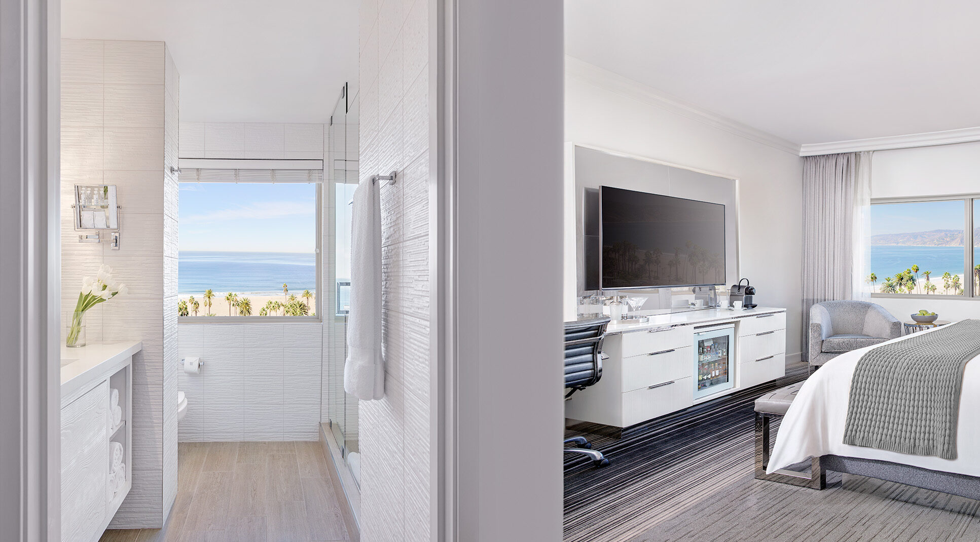Bedroom and bathroom with beach views
