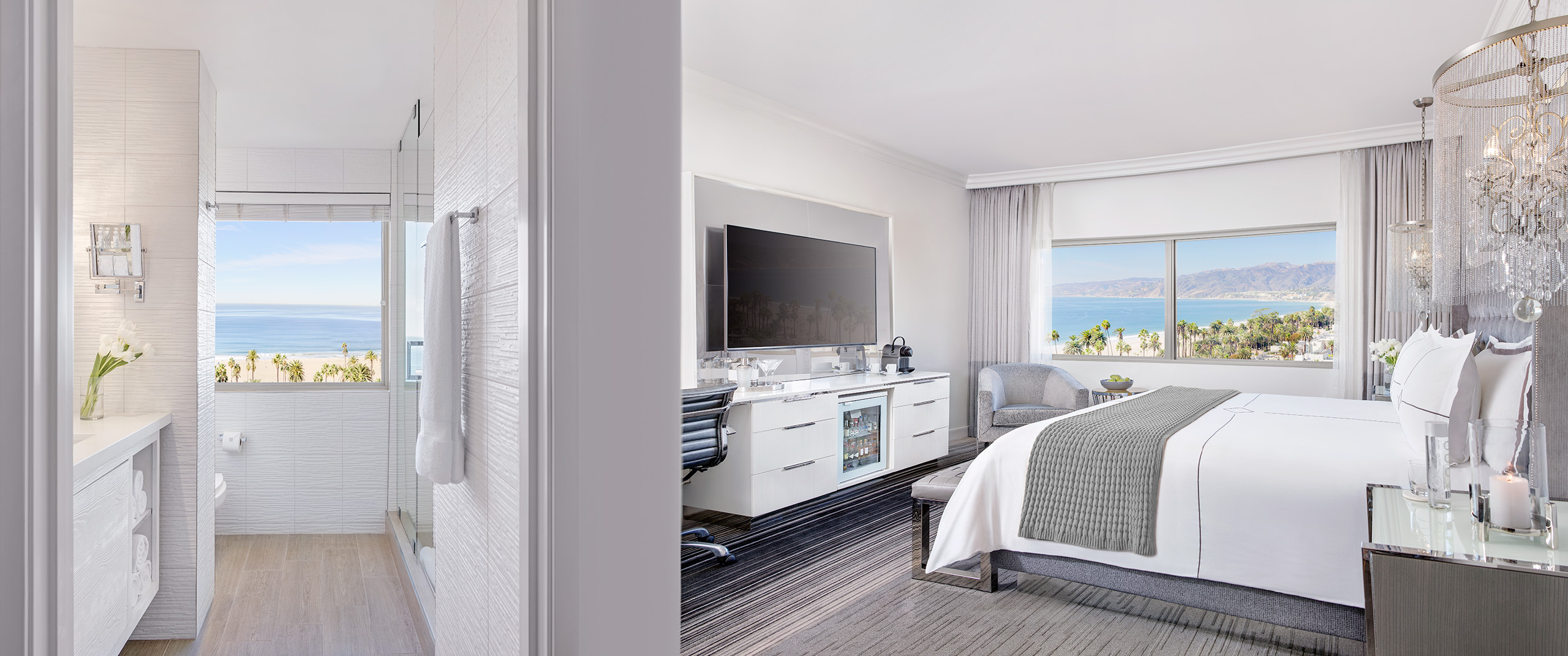 Bedroom and bathroom with beach views