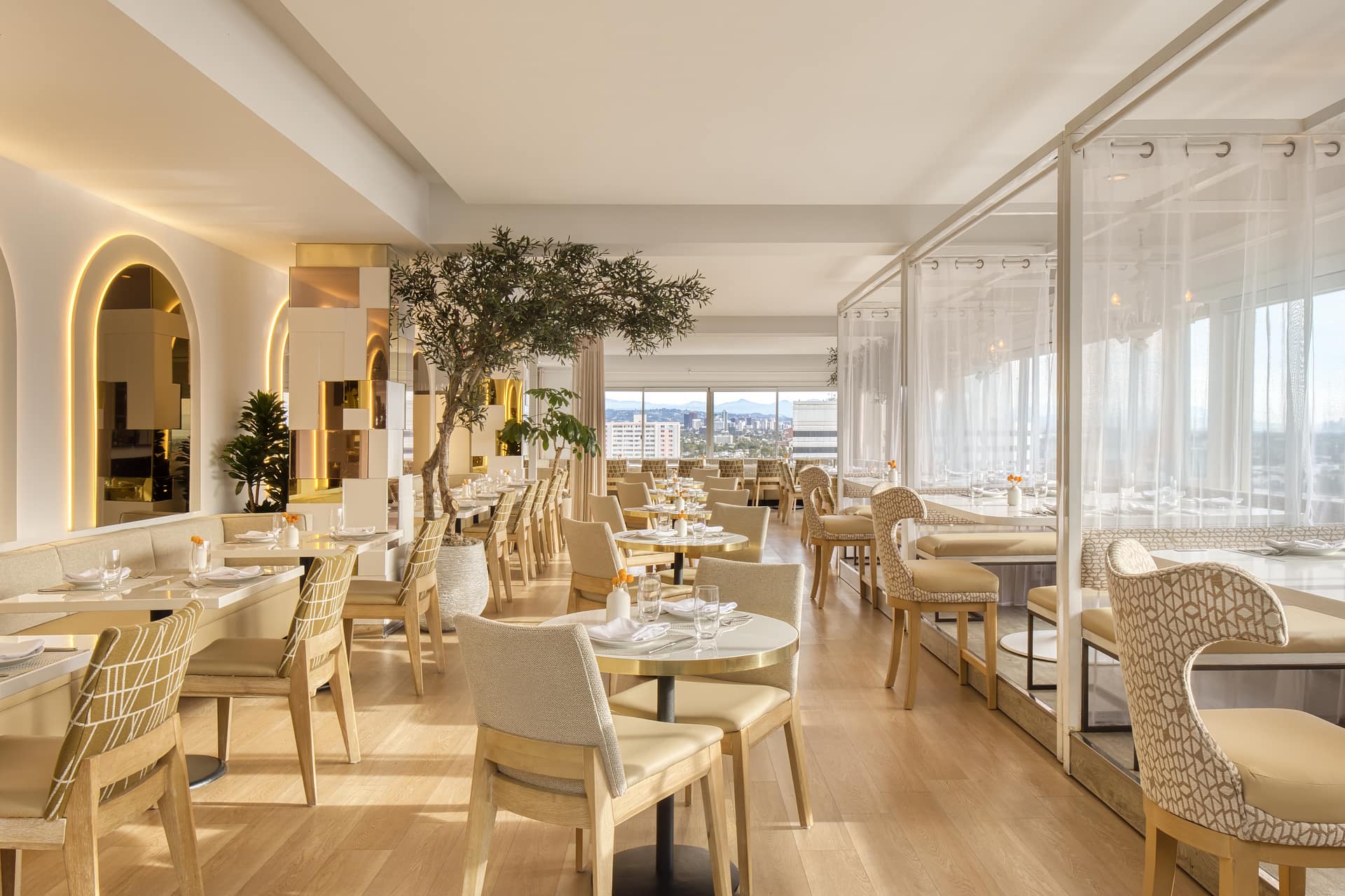 Restaurant with city skyline view