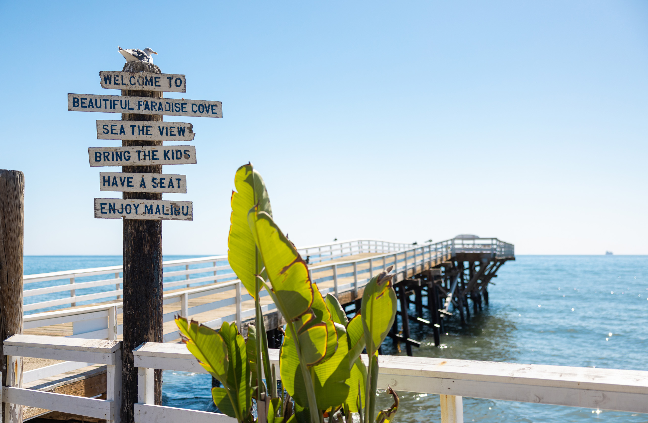 Paradise Cove pier with sign welcoming visitors to Malibu.