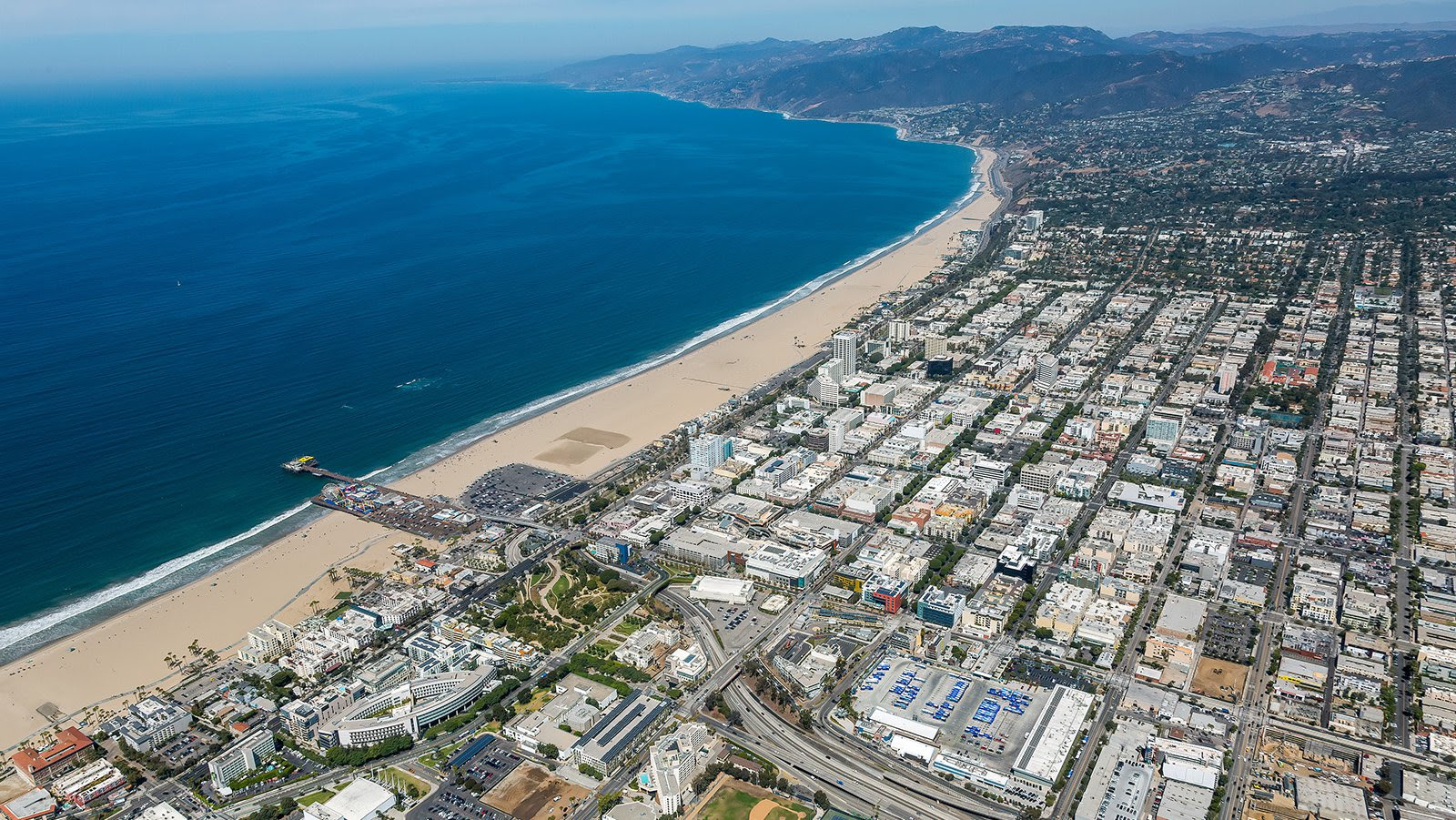 Aerial view of Santa Monica coastline and city.