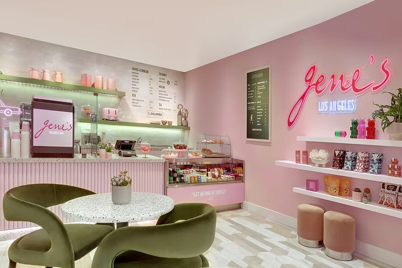 Pink-themed café interior with neon “Gene’s Los Angeles” sign and dessert counter