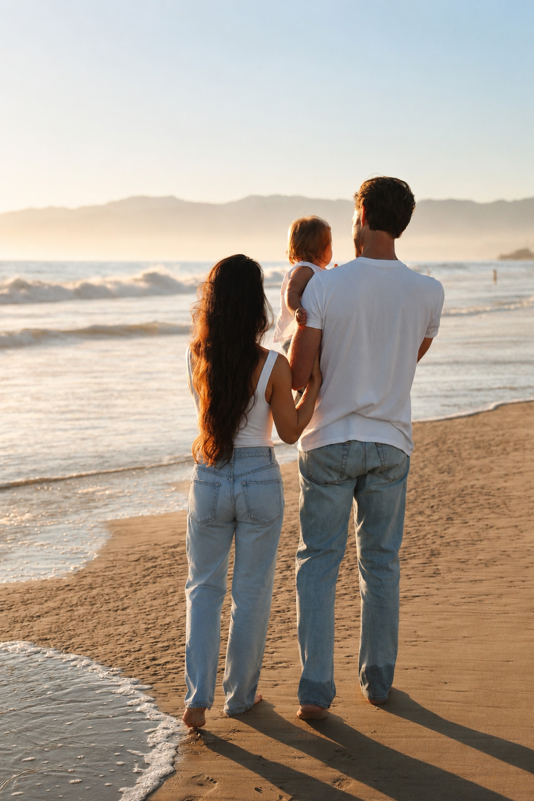 Family walking along the beach at sunset with a child in their arms.